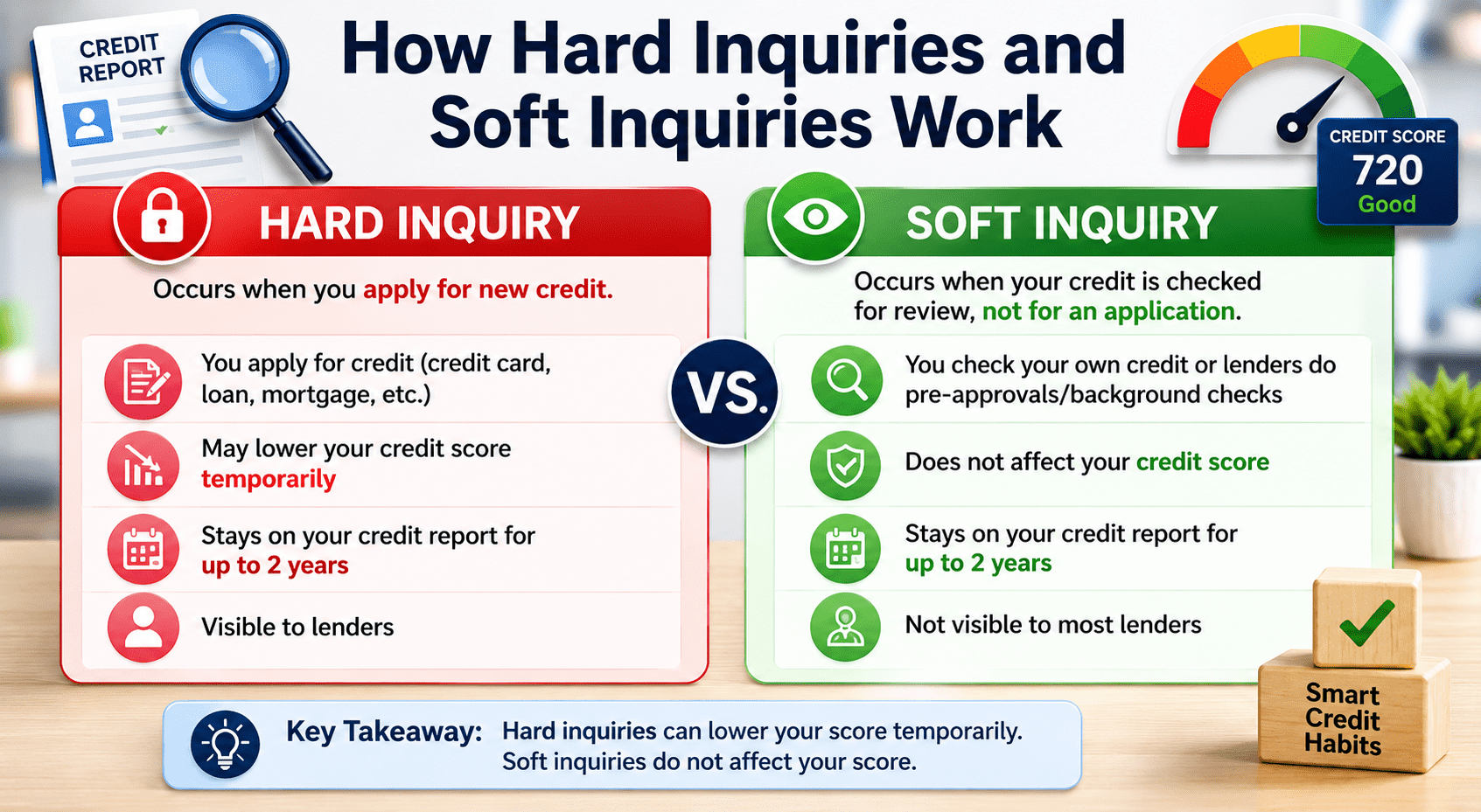 Hard inquiries and soft inquiries both involve credit checks, but they affect credit scores differently.