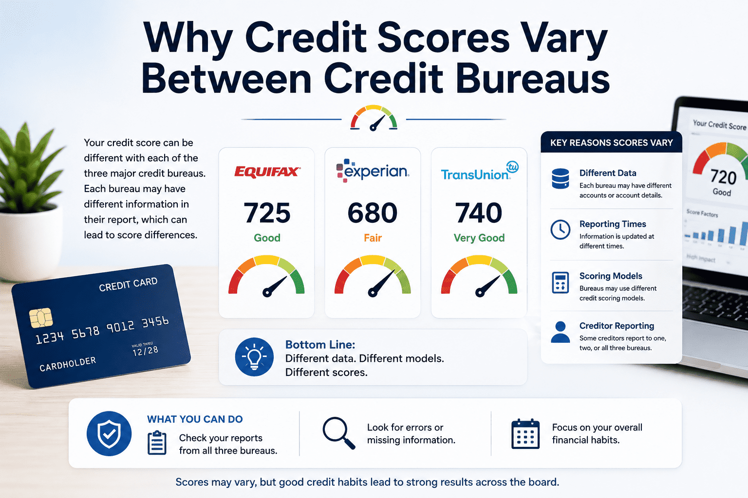 Credit scores can vary between bureaus because each bureau may have different information, reporting dates, and scoring models.