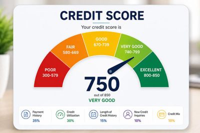 Credit score gauge showing excellent credit on a tablet