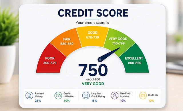 Credit score gauge showing excellent credit on a tablet