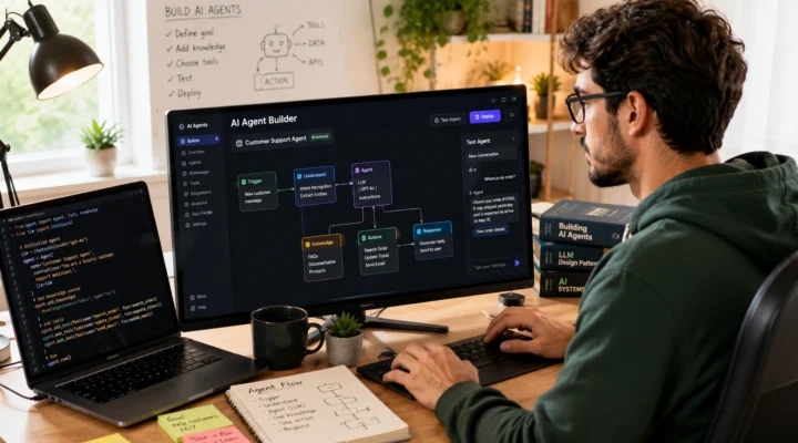 Developer at a monitor showing an AI agent builder flow diagram, with agent code on a laptop and a whiteboard plan