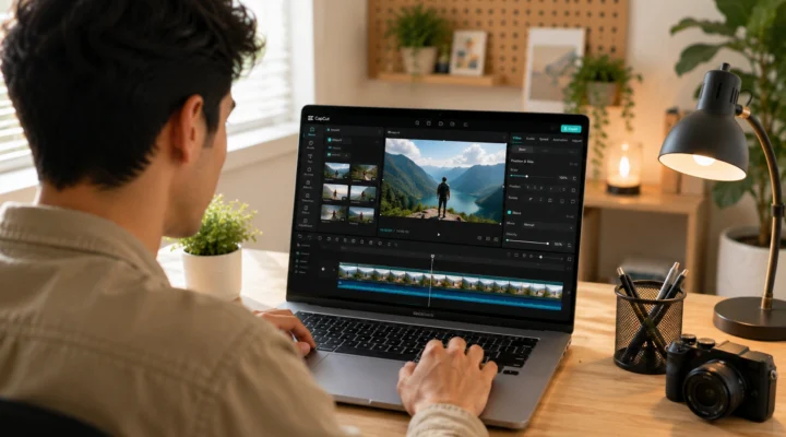 Man editing a travel video on a laptop in CapCut's dark editor with a timeline and clip thumbnails