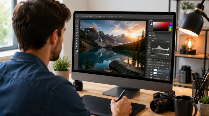 Man using a pen tablet to edit a mountain lake photo in Adobe Photoshop, with layers and a levels histogram