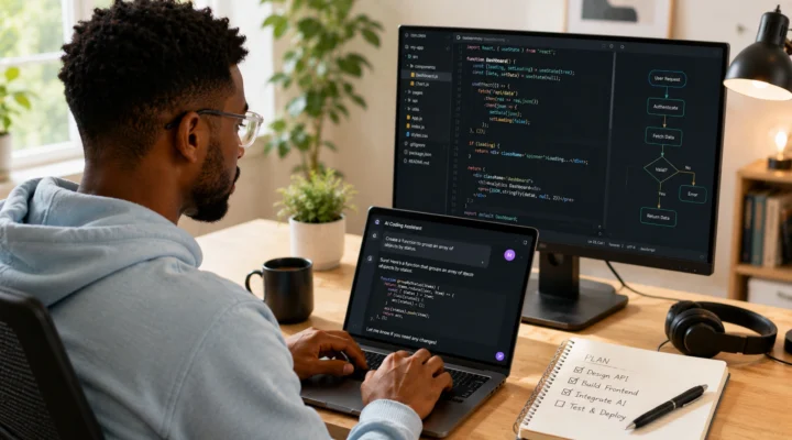 Developer with a code editor and flowchart on a monitor and an AI coding assistant chat open on a laptop