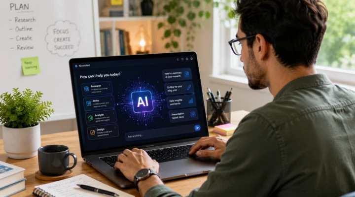 Man using an AI assistant app with research, write, analyze and design options, a whiteboard plan behind him