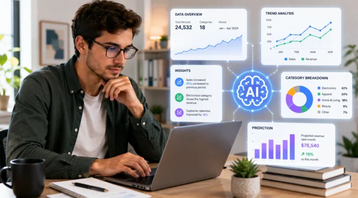 Man at a laptop with floating data dashboards for trends, categories, insights and predictions linked to an AI brain
