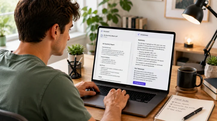 Man at a laptop with a quarterly report PDF on one side and an AI summary of key takeaways on the other