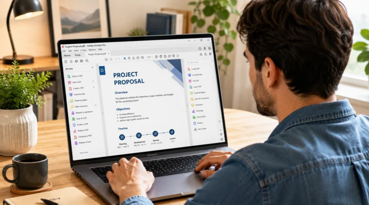 Man editing a project proposal PDF in Adobe Acrobat with the tools panel open