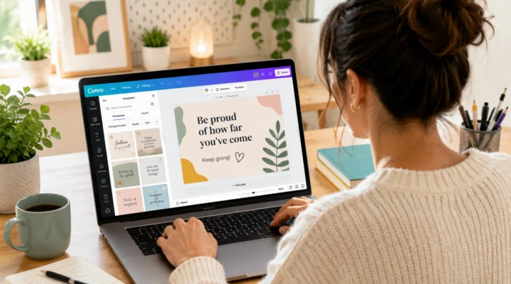 Over-the-shoulder view of a woman editing a motivational quote design in Canva
