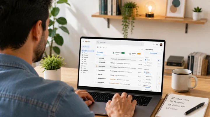 Man using Gmail on a laptop with quick settings open, beside a notebook checklist starting with Inbox Zero