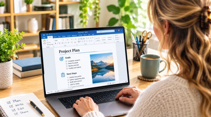 Over-the-shoulder view of a woman editing a project plan in Microsoft Word on a laptop, beside a checklist notebook