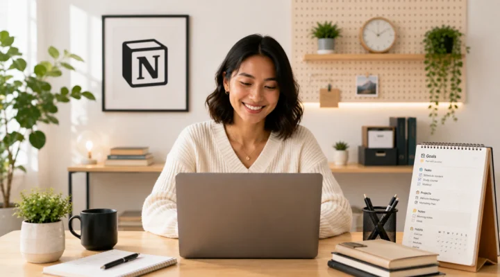 Smiling woman working on a laptop in front of a framed Notion logo, a goals and habits page on her desk calendar