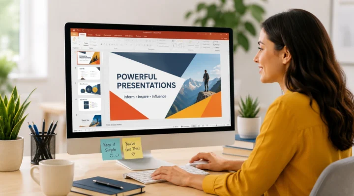Woman editing a presentation slide in PowerPoint on a desktop computer, with encouraging sticky notes nearby