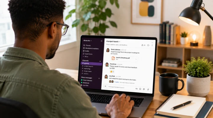 Man at a laptop reading messages in a project launch channel in a Slack workspace