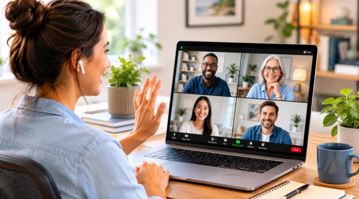 Woman waving at a four-person Zoom video call on her laptop, with meeting controls along the bottom