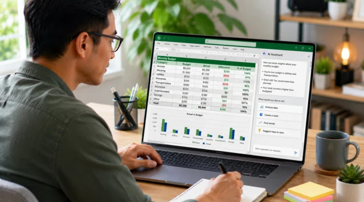 Man working on a monthly budget spreadsheet with a chart while an AI assistant side panel offers insights