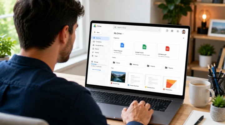 Man at a laptop browsing folders and files in My Drive on Google Drive