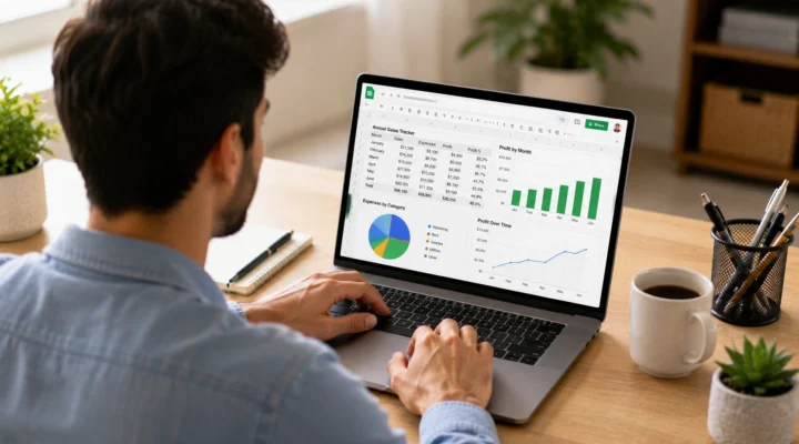 Man at a laptop viewing an annual sales tracker in Google Sheets with bar, pie and line charts