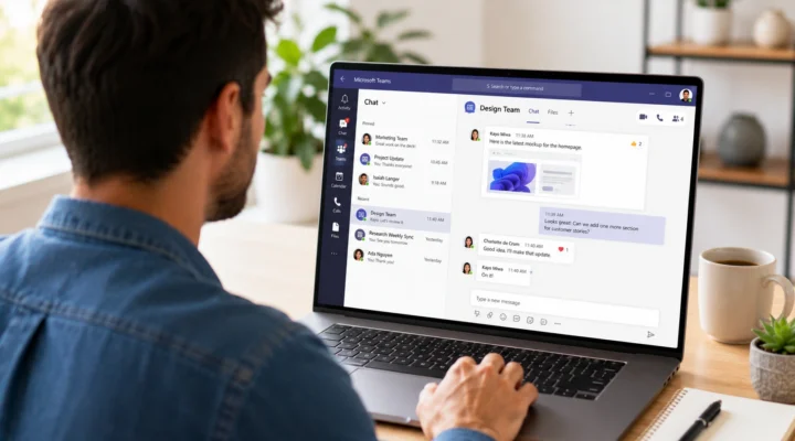 Man at a laptop following a design team conversation in a Microsoft Teams chat