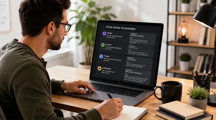 Man taking notes beside a laptop showing a guide to better AI prompts covering clarity, context, format and constraints