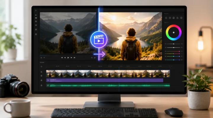 Monitor showing an AI video editor with a before and after color-graded hiking clip, timeline and color wheel