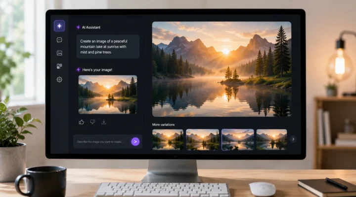 Desktop monitor showing an AI assistant chat that generated a mountain lake sunrise image with variation thumbnails