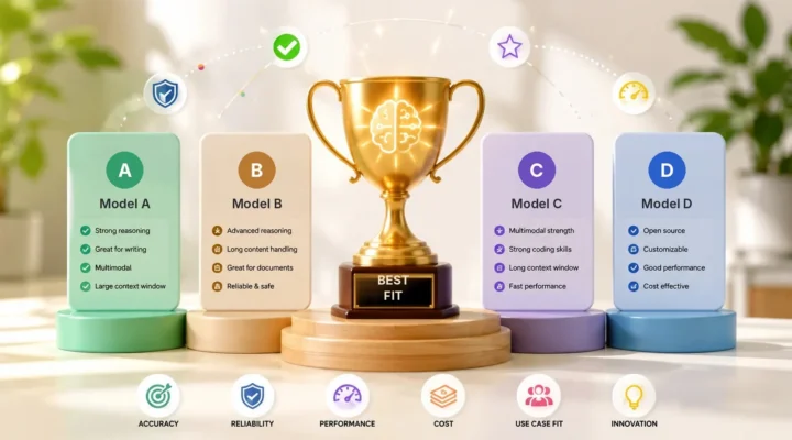 Four AI model comparison cards listing strengths, arranged around a gold trophy labeled Best Fit