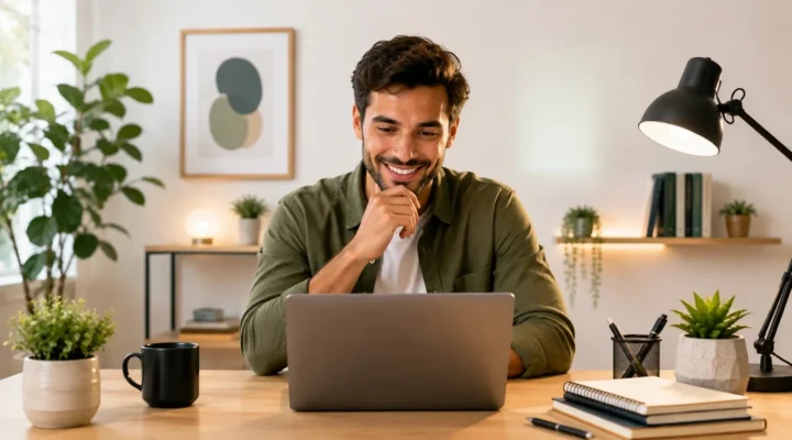 Smiling man at a laptop in a bright home office, chatting with ChatGPT to get better results