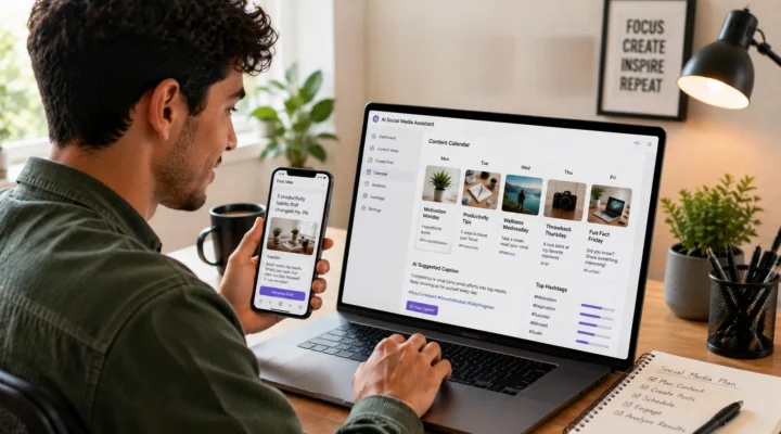 Man planning social media posts with an AI assistant content calendar on his laptop and phone